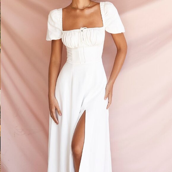 'Tallulah' White Puff Sleeve Midi Sundress